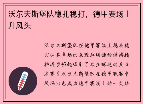 沃尔夫斯堡队稳扎稳打，德甲赛场上升风头